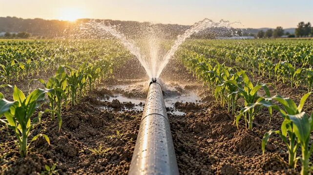Irrigation pipe burst spraying water between crop rows at golden sunrise
