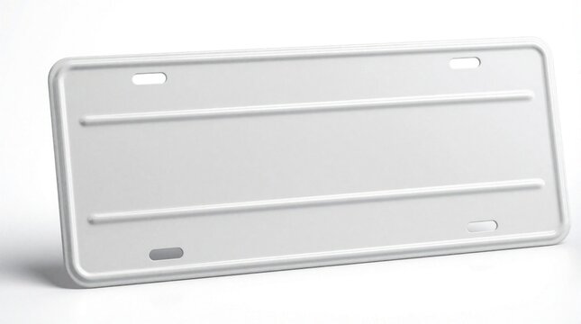Blank white metal license plate with mounting holes. This empty rectangular automotive identification plate is perfect for design or personalization.