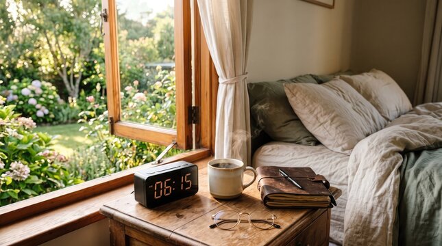 Cozy morning scene with a steaming cup of coffee, an open journal, and a digital clock on a bedside table