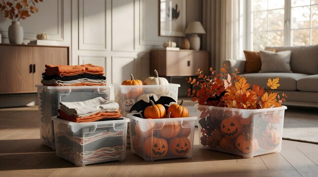Halloween living room with pumpkins, candles and autumn decor