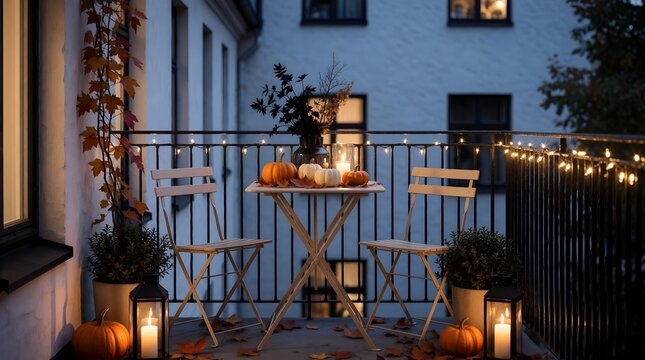 Halloween balcony with pumpkins, lanterns and evening decor