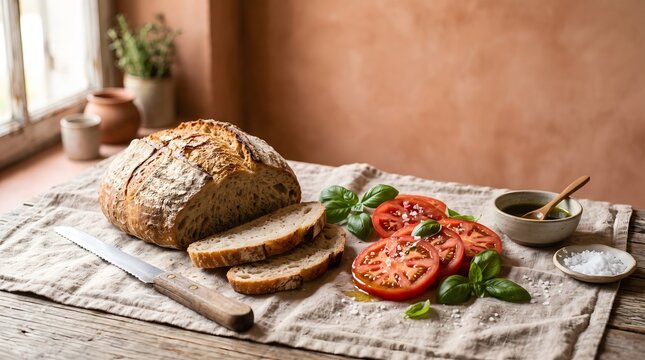 A rustic loaf of sourdough bread with sliced pieces, fresh ripe tomatoes, basil leaves, olive oil, and sea salt on a cloth-covered table.