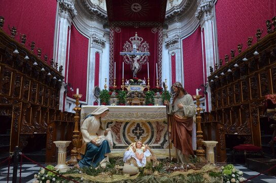 Ragusa Ibla, Sicily 01.03.2020: High altar of the Cathedral of San Giorgio in Ragusa Ibla