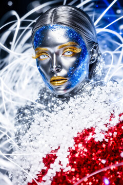 Highly detailed woman, her face is made of a silver metal alloy, with gold mascara and gold lipstick