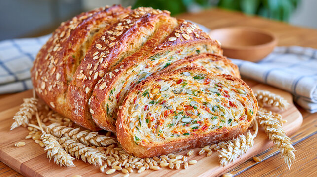 Artisan whole grain bread slice surrounded by raw wheat kernels on a rustic wooden farmhouse table, rich textured crust, visible seeds and grains inside the bread, linen napkin and small wooden bowl