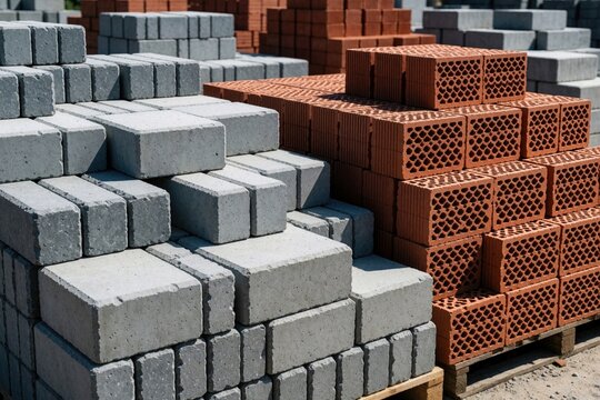 Stacks of concrete paving blocks, perforated clay bricks sit on pallets at construction yard. Building supplies await delivery for landscaping, infrastructure projects. Gray, red materials arranged