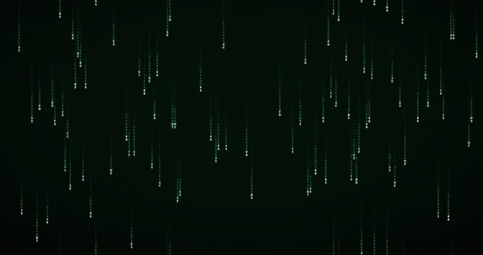 Hexadecimal code symbols cascade down in a phosphor green matrix rain animation.