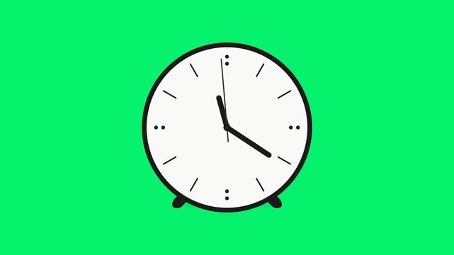 Minimalist black and white analog alarm clock isolated on vibrant green background.