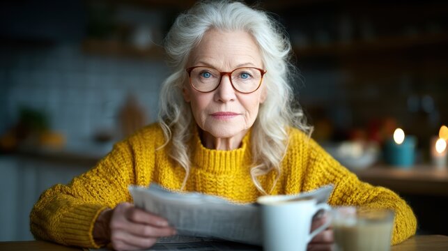 An elderly woman reads a newspaper at a rustic kitchen table, showcasing wisdom and serenity amid cozy surroundings, embodying a moment of reflection and quiet enjoyment.