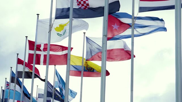 International Flags Waving Together Under the Sky