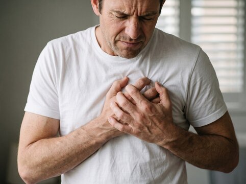 Man experiencing chest pain symptoms and discomfort holding his chest