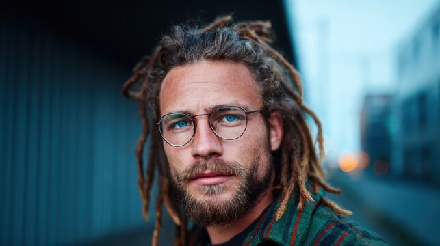 A striking portrait of a young man with dreadlocks and glasses, capturing a moment of introspection against a blurred urban backdrop, epitomizing modern individuality and style.