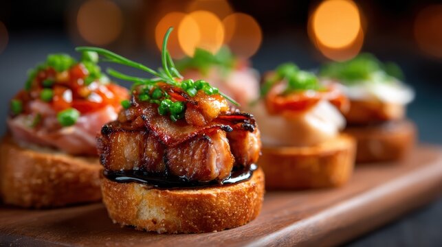 A stunning assortment of gourmet canap&eacute;s showcasing intricate toppings, perfect for fancy gatherings, parties, or as culinary art for food lovers and enthusiasts alike.