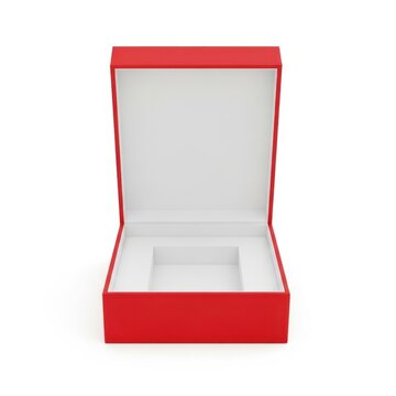 Elegant red velvet jewelry box with an open lid revealing a padded interior compartment.