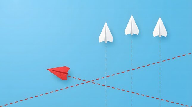 Red paper airplane changing direction and moving away from white paper airplanes with different dire