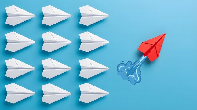 Red paper airplane breaking away from an organized grid of white paper airplanes with business leade