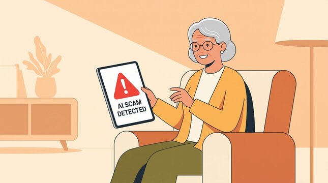 Elderly Person Learning AI Deepfake Security Awareness Illustration