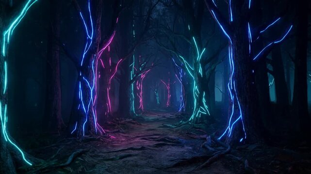 Luminous woodland passage shimmers with neon branches. Dark trail runs between glowing trunks in cyan, blue, and magenta, giving futuristic fantasy forest scene calm yet uncanny mood.