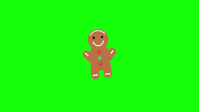 Cute cartoon gingerbread man cookie jumping and dancing on green screen chroma key background.