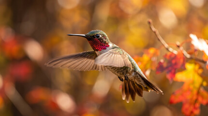 Fototapeta premium Ruby throated hummingbird hovering in flight feeding on pink fuchsia flower