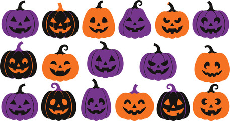 Obraz premium Colorful halloween jack o lanterns arranged in rows against a white background
