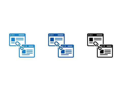 Set of website backlink icons showing connected browser windows for seo and digital marketing concepts.