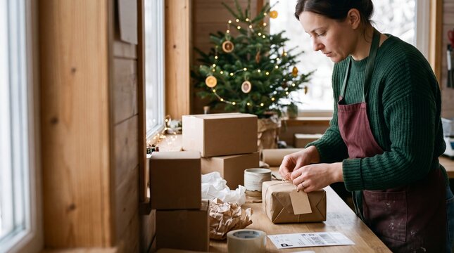 Small Business Owner Packing Christmas Orders in Creative Studio