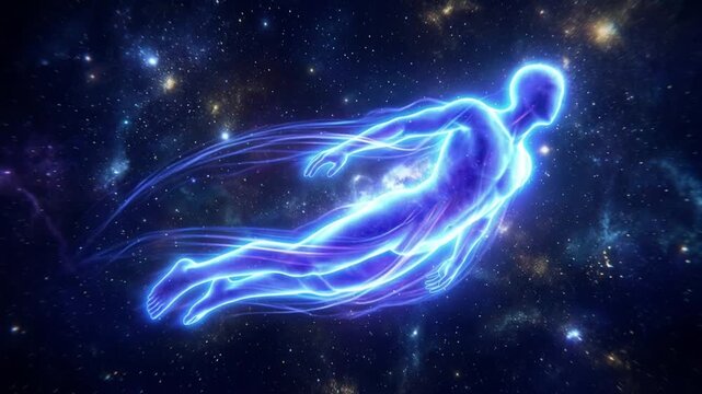 Luminous human figure drifts weightlessly through cosmic field, leaving bright blue trails behind. Astral drift style adds calm, otherworldly mood as glowing form glides across deep space.