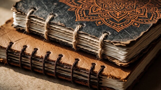 Two handmade journals stacked. Upper book has dark cover with orange mandala. Lower book uses brown leather. Both feature exposed stitching binding paper pages with rough edges.