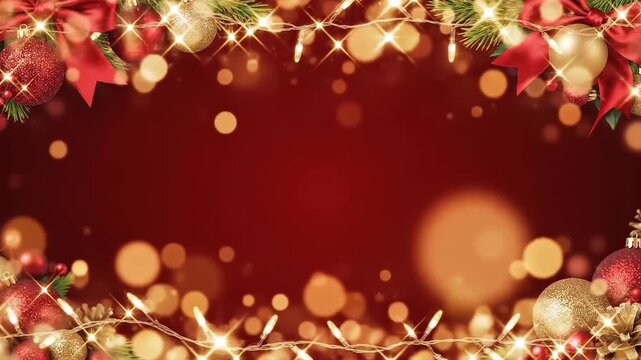 Christmas red background with glowing fairy lights strings and festive baubles ornaments
