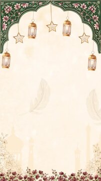 Wedding Invitation Nikah Ornate Islamic Arch with Lanterns and Mosque Silhouettes Background Video