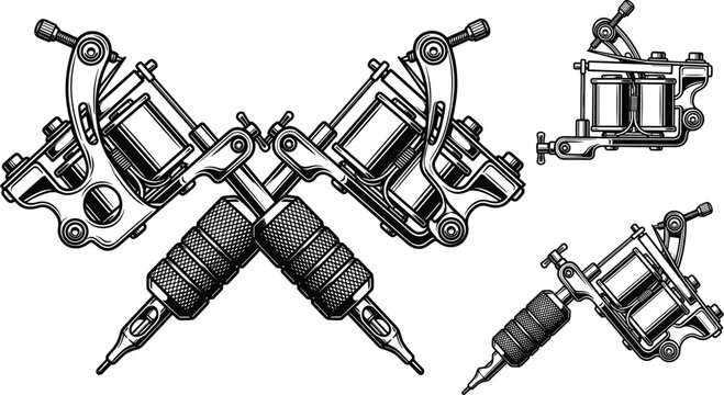 Professional rotary tattoo machine gun kit pack in vintage monochrome woodcut style for retro parlor salon emblem
