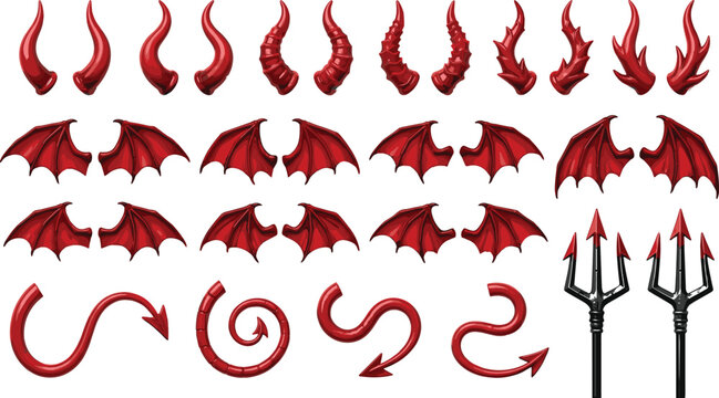 Red devil costume elements set with horns bat wings sharp pointy tails and tridents for scary halloween character design