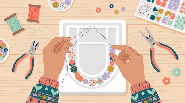 Handmade Beaded Jewelry Crafting Process and DIY Hobbies Illustration