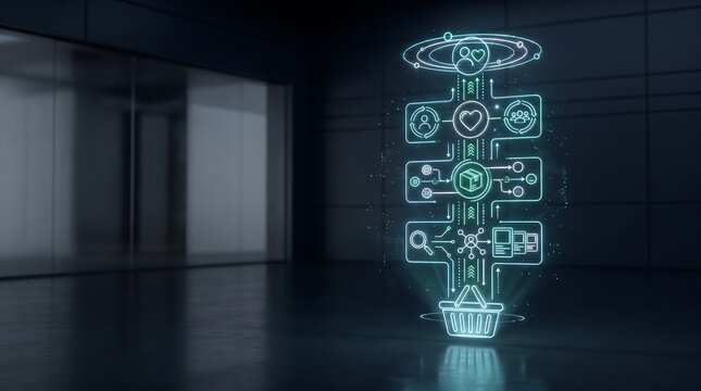 Futuristic vertical glowing holographic circuit flowchart projecting from shopping basket showing e-commerce purchase funnel, product delivery, and customer loyalty in dark modern studio   