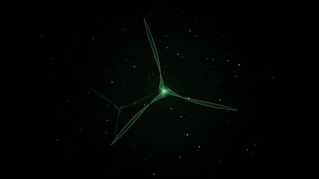 Green wireframe turbine blades rotate against a dark background in a looping animation