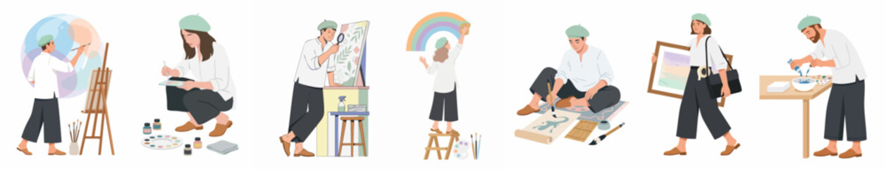 Fototapeta premium Set of flat vector illustrations featuring various artists and creative professionals in white shirts and green berets painting and drawing.