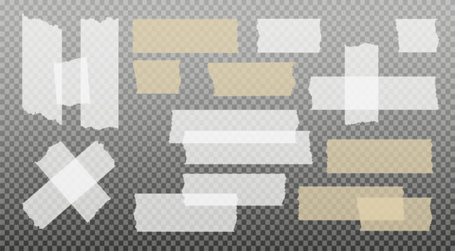 Scotch tape. Sticky paper tape. Adhesive Transparent sticky stripe. Sticker for collage, fixing photo notes. Vector