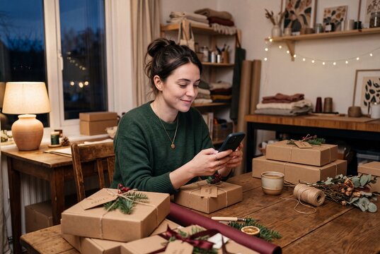 Small Business Owner Checking Holiday Sales on Smartphone