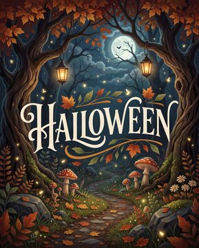 Spooky Halloween forest typography with moonlight and glowing lanterns