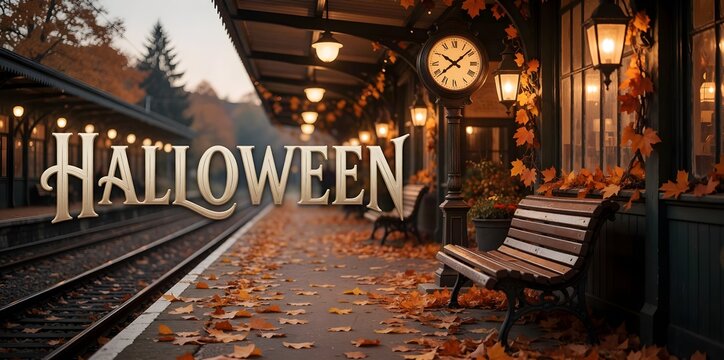Cozy Halloween cafe interior with autumn decorations and warm lighting