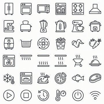 Smart Kitchen and Air Fryer Function Vector Icon Set