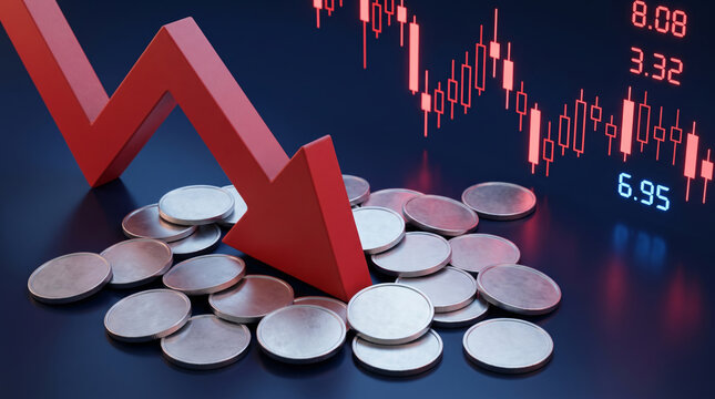 Coins stacked decrease financial loss red arrow market decline investment risk currency. Finance investment recession crisis. money budget saving expense, value reduction down decayed, risk loss