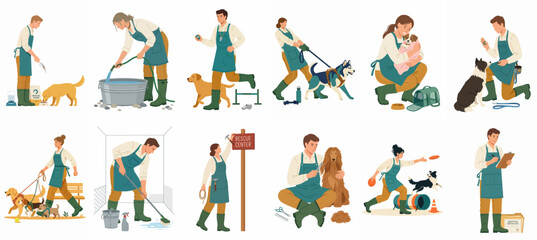 Fototapeta premium Set of professional dog sitters and shelter workers performing various tasks like feeding, bathing, grooming, and walking dogs in flat vector style.