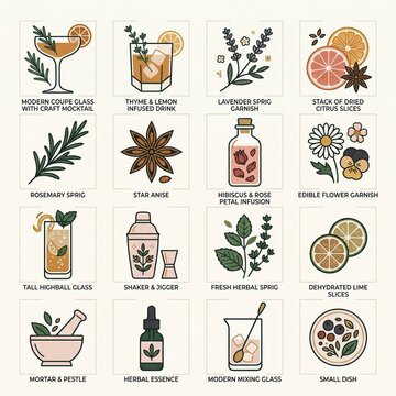 Botanical Mixology and Craft Mocktail Beverage Icons
