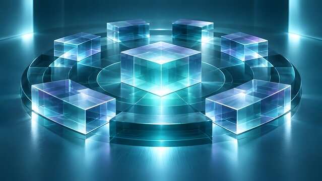 Glowing transparent glass blocks arranged in a circular network formation representing centralized data processing hubs