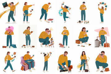 Fototapeta premium Collection of Diverse People Character Illustrations Focused on Photography Activities Including Shooting, Editing, and Handling Professional Camera Equipment and Photos.