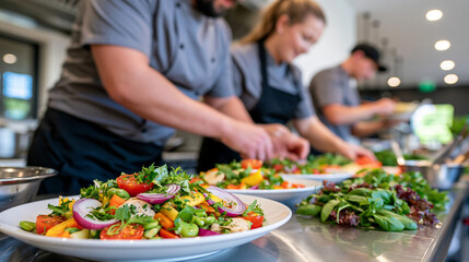 Obraz premium Chefs collaborating during intensive food preparation in a modern commercial kitchen, two cooks working side by side at a stainless steel counter while another chef checks prepared ingredients, colo