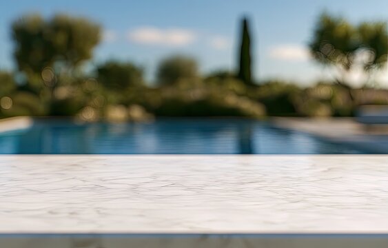 Marble tabletop foreground, blurred luxury pool and garden background