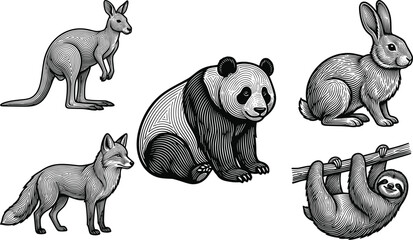 Fototapeta premium Vintage woodcut engraving animal illustration set featuring kangaroo, panda bear, rabbit, fox, and hanging sloth on white background
